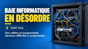 Réorganisation baie informatique La Réunion : baie réseau encombrée avant intervention à Saint-Paul